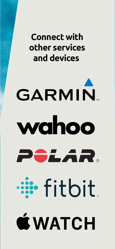 Map My Tracks: run tracker - Uma lista de logotipos de dispositivos de fitness, incluindo Garmin, Wahoo, Polar, Fitbit e Apple Watch, indicando a compatibilidade do aplicativo