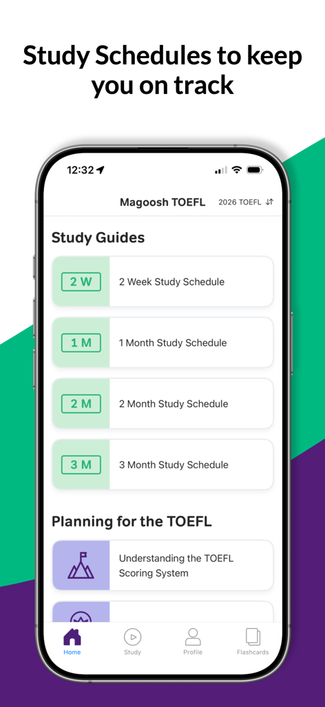 Mobile app interface displaying customizable TOEFL study schedules and exam planning resources.