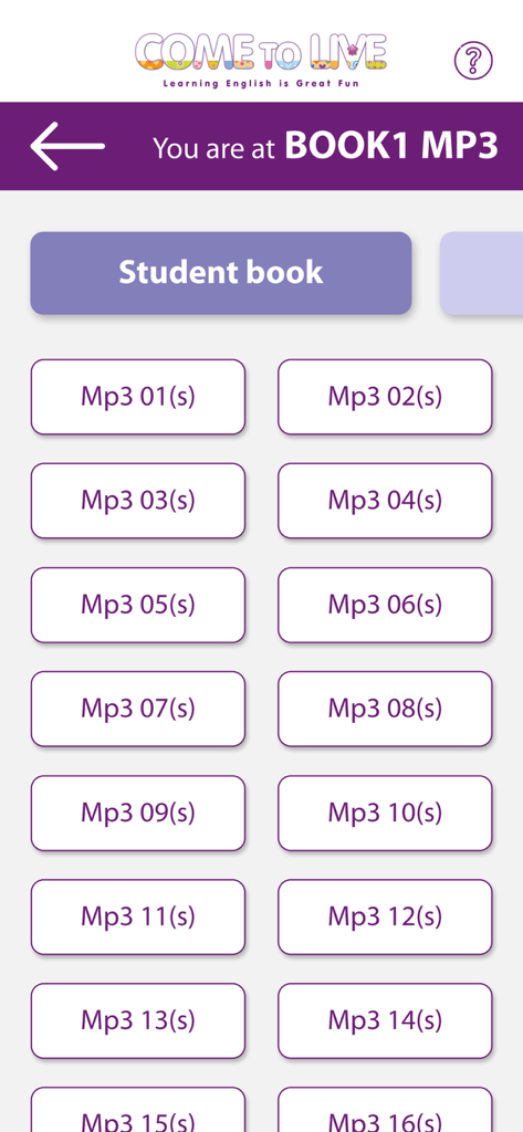 Screen showing a list of MP3 audio tracks for Book 1 in the Come To Live AR educational app.
