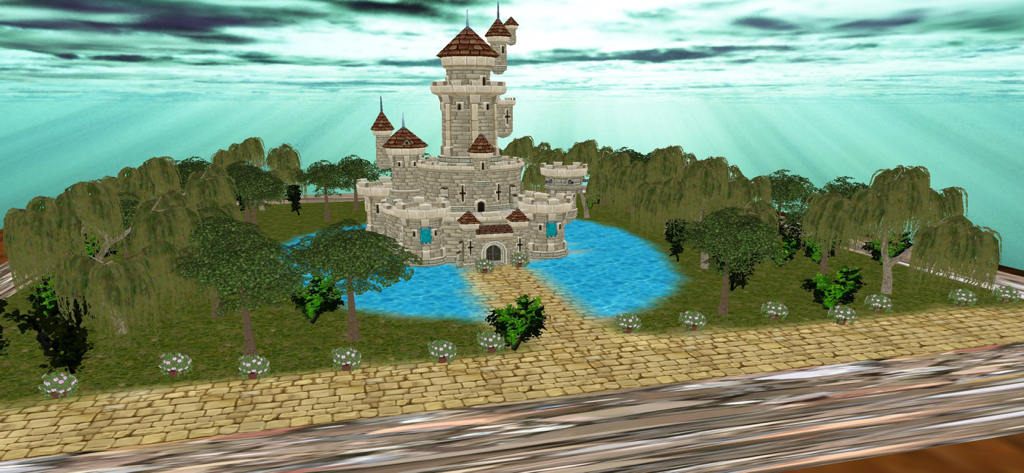 Eine virtuelle Sandspielkreation mit einer mittelalterlichen Burg, umgeben von Wasser und Bäumen