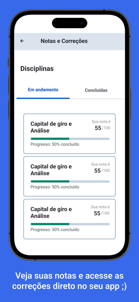 Captura de pantalla de la aplicación Anhanguera Aluno mostrando calificaciones y progreso del curso