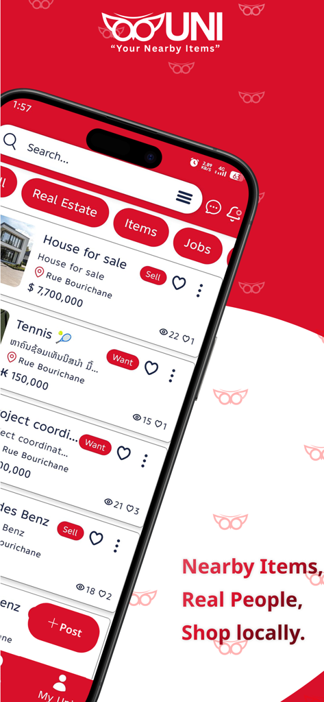 UNI MarketHub - UNI MarketHub mobile app interface showing local listings for real estate and second-hand items.