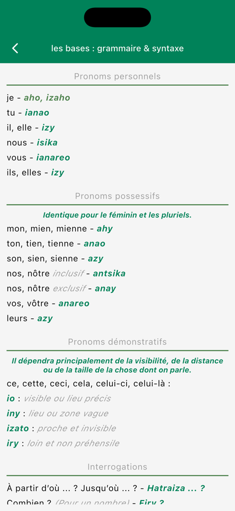 antisèche malagasy - Screen showing Malagasy grammar basics including personal and possessive pronouns with French translations.