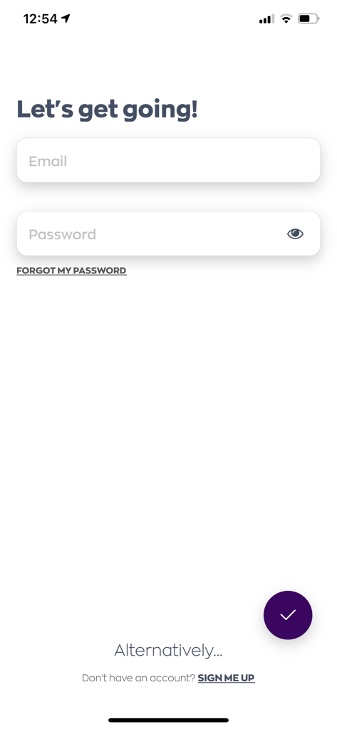 All The Fours - Login screen for the All The Fours taxi app featuring email and password input fields and a sign-up link.
