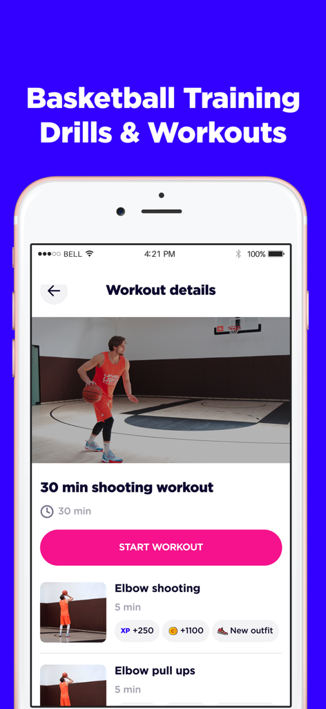 Level Up - Basketball Training - Écran de détails d'entraînement dans l'application Level Up montrant un entraînement de tir de 30 minutes avec des exercices spécifiques et des récompenses ludiques