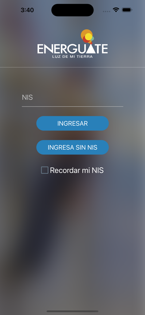 Interface de login do aplicativo móvel Energuate mostrando o campo de entrada NIS e botões de acesso