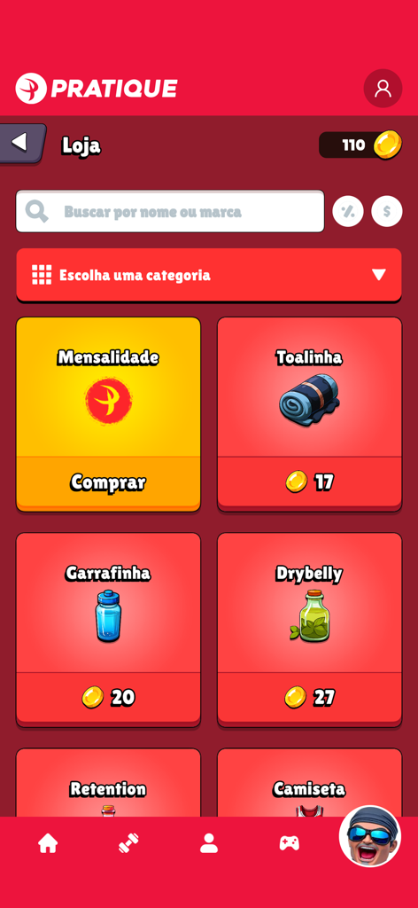 Page du magasin de l'application Pratique Fitness montrant des accessoires de gym et des options d'abonnement échangeables avec des points de récompense.