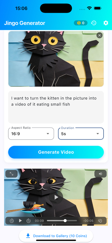 Jingoアプリのインターフェース。画像とテキストプロンプトからAI動画を作成している様子を表示。