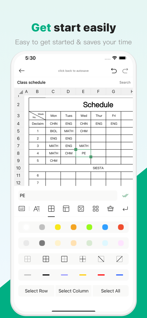 SunTable-Spreadsheet view&edit - Mobile spreadsheet app interface displaying a class schedule table with editing options