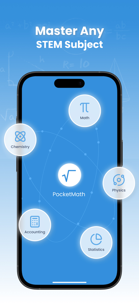 MathGPT - AI Math Solver - MathGPTアプリのインターフェイスに、数学、化学、物理学、会計学、統計学を含むSTEM科目が表示されています。
