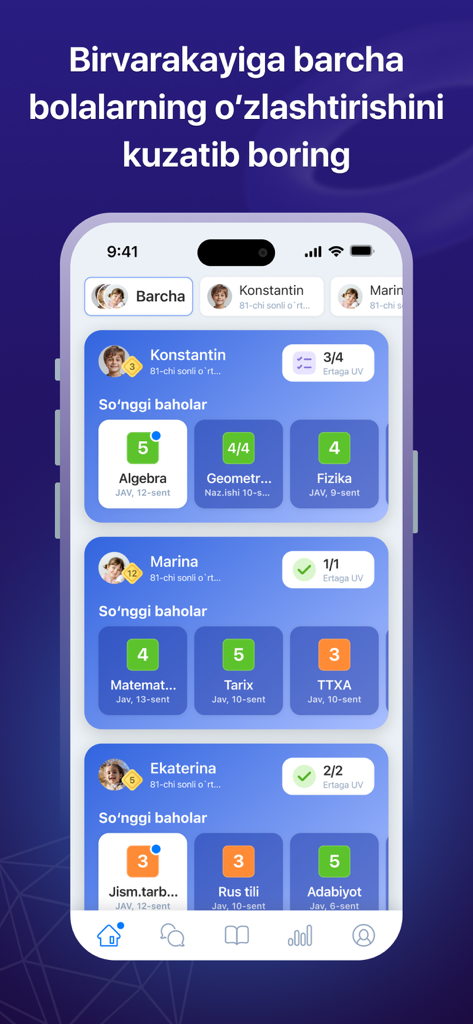 eMaktab.Oila - Parental dashboard in eMaktab.Oila app showing grades and academic progress for multiple children