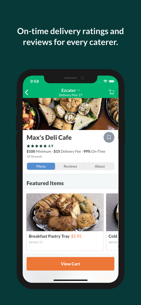 ezCater - Business Catering - Pantalla de la aplicación móvil ezCater que muestra el perfil de un catering de delicatessen con calificaciones de entrega y pasteles de desayuno destacados.