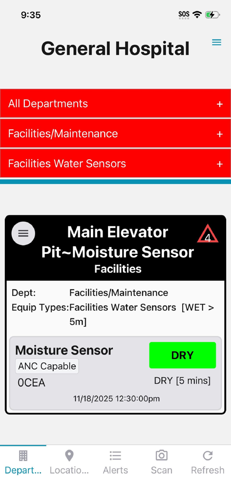 VersaTrak Mobile - 病院施設の湿度センサーの乾燥状態を示すVersaTrak Mobileダッシュボード。
