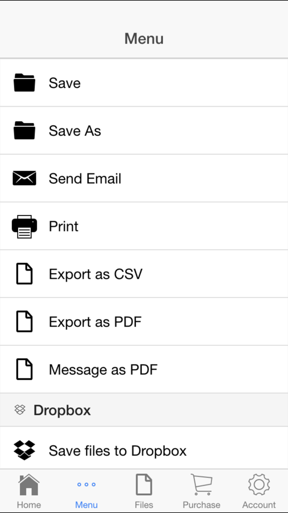 Rent Receipt - Rent Receipt app menu showing digital record keeping options like save, email, print, and export to PDF or CSV