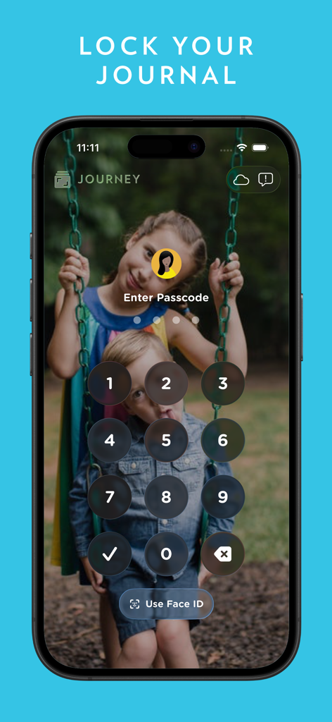 Pantalla de la aplicación Journey mostrando una interfaz de bloqueo por contraseña y Face ID para la privacidad del diario.