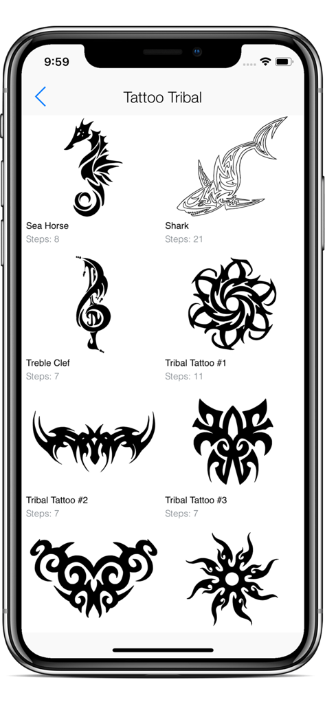 A menu showing various tribal tattoo designs like a sea horse and shark with step-by-step drawing instructions.
