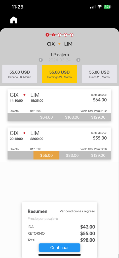Star App에서 Chiclayo에서 Lima까지의 여행 항공편 검색 결과 (다양한 요금 옵션 및 가격 표시)