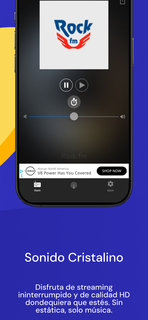 Radio FM app on iPhone playing Rock FM with high definition crystal clear sound quality description in Spanish.