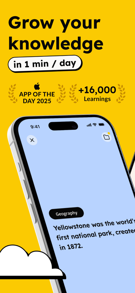 GenK app screenshot showing a geography lesson about Yellowstone National Park with the heading Grow your knowledge in 1 minute a day