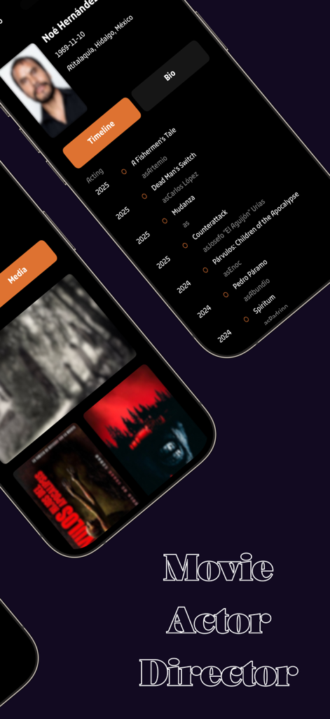 Actor profile showing filmography timeline and movie media in Seeker app