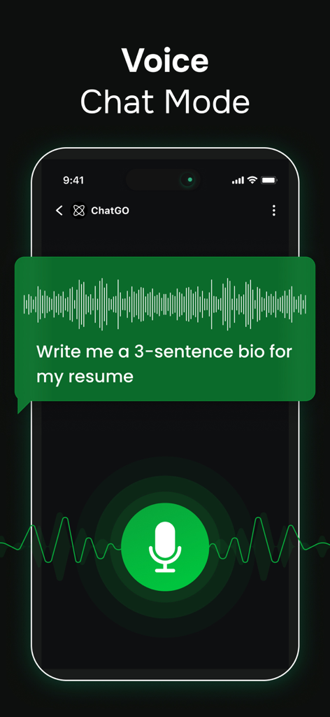 ChatGO: AI Chat 5.0 Assistant - Bildschirm der mobilen App, der die Sprachchat-Funktion des ChatGO KI-Assistenten mit einer Sprachaufforderung für eine Lebenslauf-Biografie zeigt.