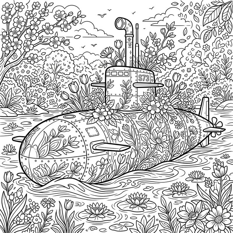 Unleash your imagination with this extraordinary coloring page featuring a military submarine embraced by the beauty of spring. This surprising scene invites you to explore the harmony between industrial might and natural renewal.