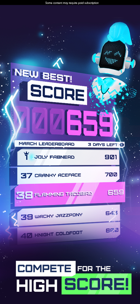 A leaderboard screen in Budge GameTime showing a high score of 659 and player rankings