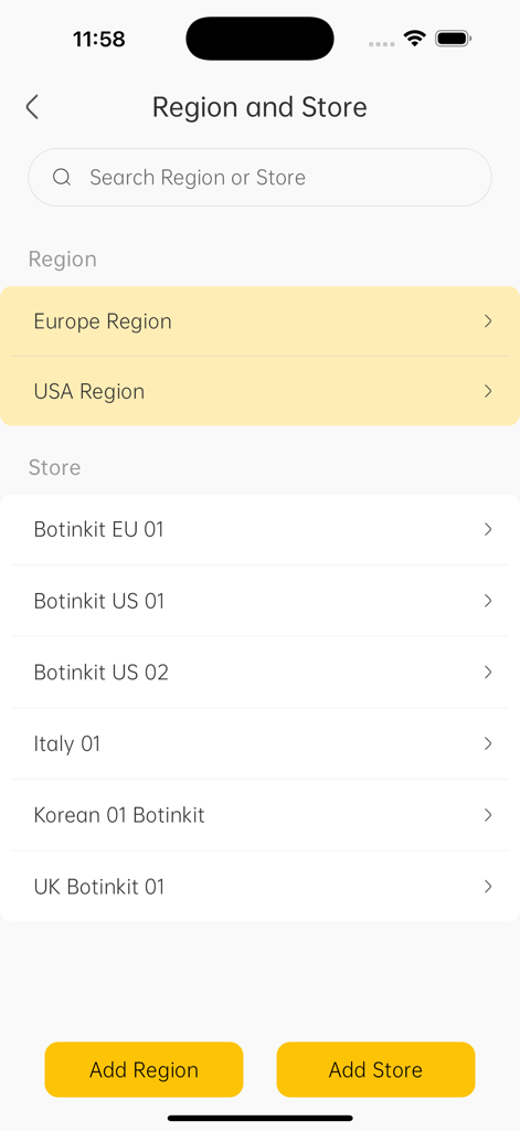 Botinkit - Botinkit app screen showing regional and store management for commercial restaurant operators