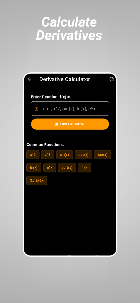Pantalla de smartphone que muestra la función de calculadora de derivadas de Calculator plus Pro con varios botones de funciones matemáticas