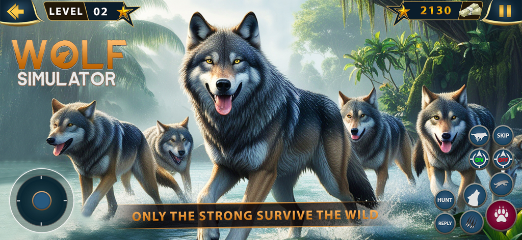 The Wolf Life Survival - Five wolves running through water in a wild forest simulation game