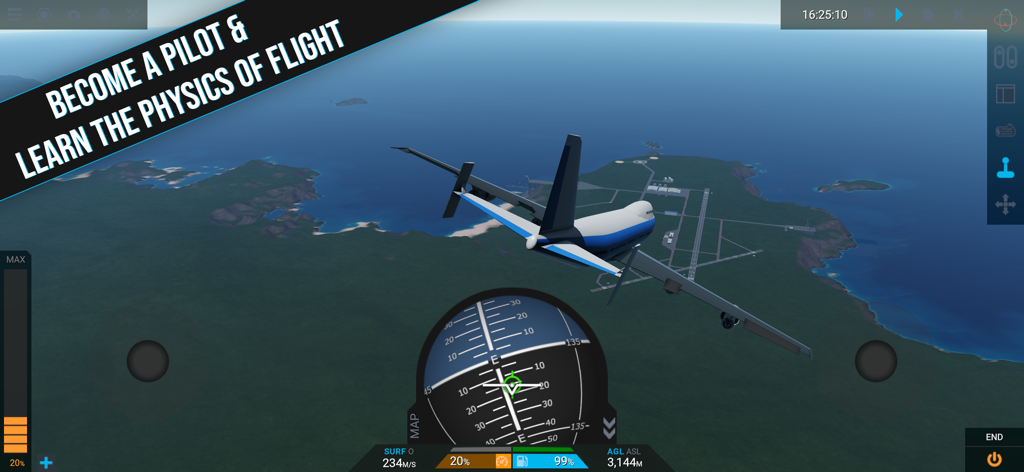 Juno: New Origins - An airplane flying over a coastal island in the Juno New Origins aerospace simulator showing flight instruments and physics gameplay