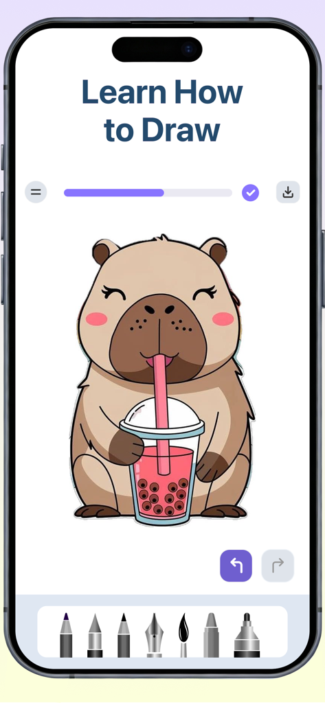 Drawing Desk: Sketch Paint Art - Écran de l'application Drawing Desk montrant une leçon Apprendre à dessiner avec un mignon personnage capybara buvant du thé boba