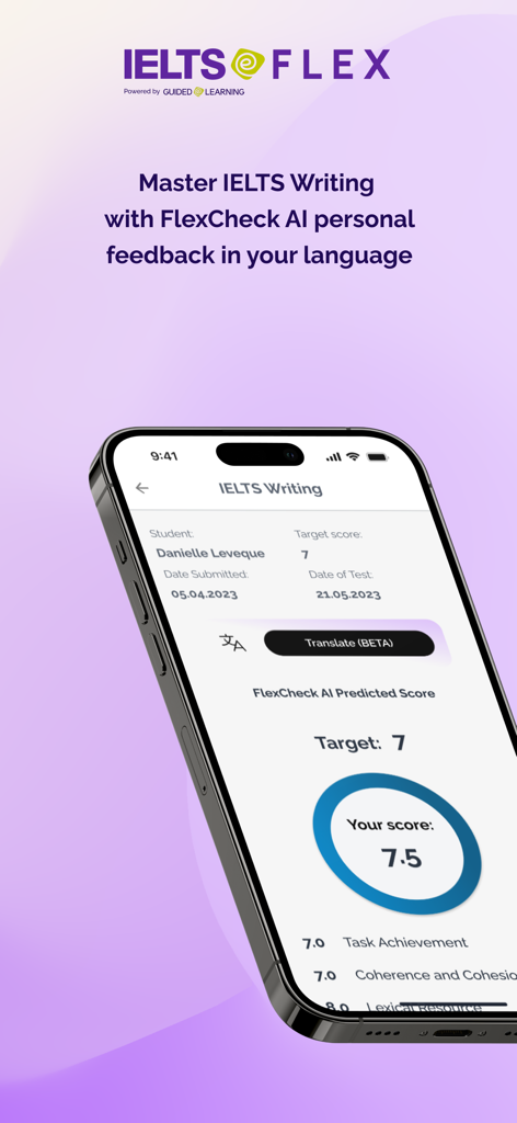 IELTS Flex - Interfaz de la aplicación móvil IELTS Flex que muestra la predicción de puntuación de escritura con IA y retroalimentación personal