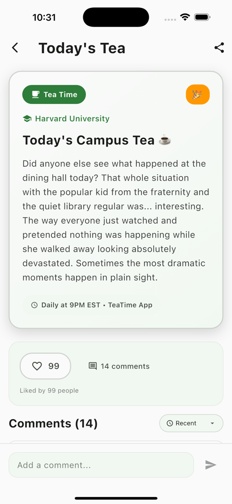 A post titled Today's Campus Tea on the Tea Drop app interface showing gossip about Harvard University.