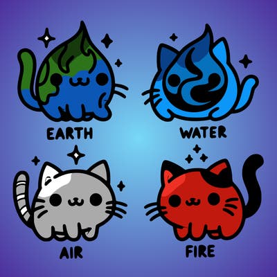 4 cats that represent the different elements, earth, water, air, and fire