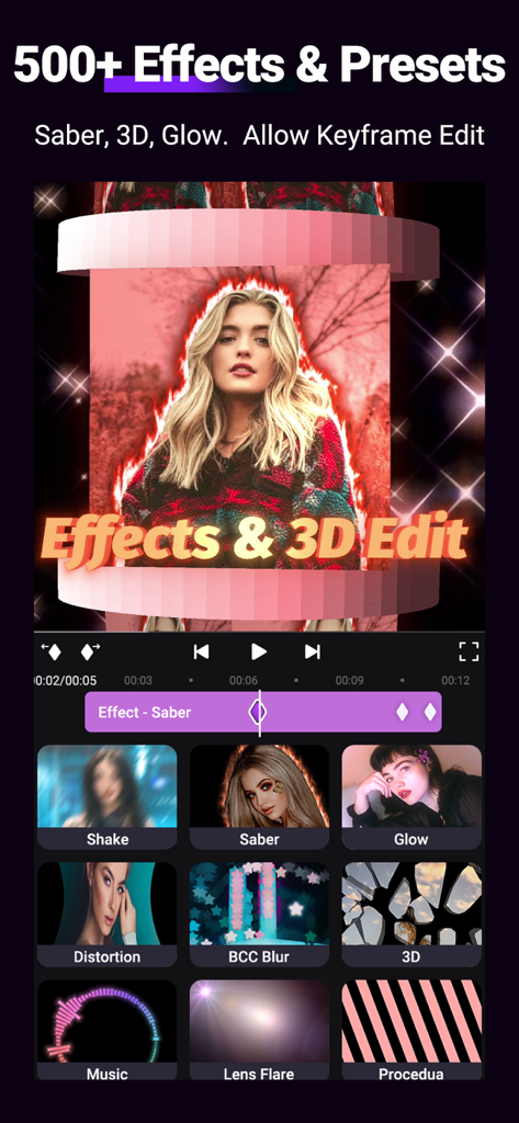 Motion Ninja video editing interface featuring 3D effects and keyframe animation controls