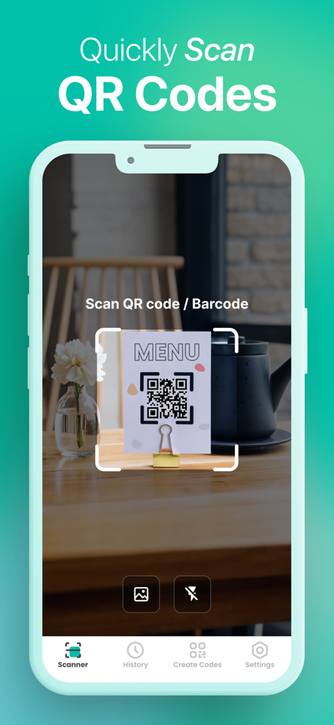 QR Code · Barcode Reader&Maker - Mobile app interface scanning a QR code on a restaurant menu