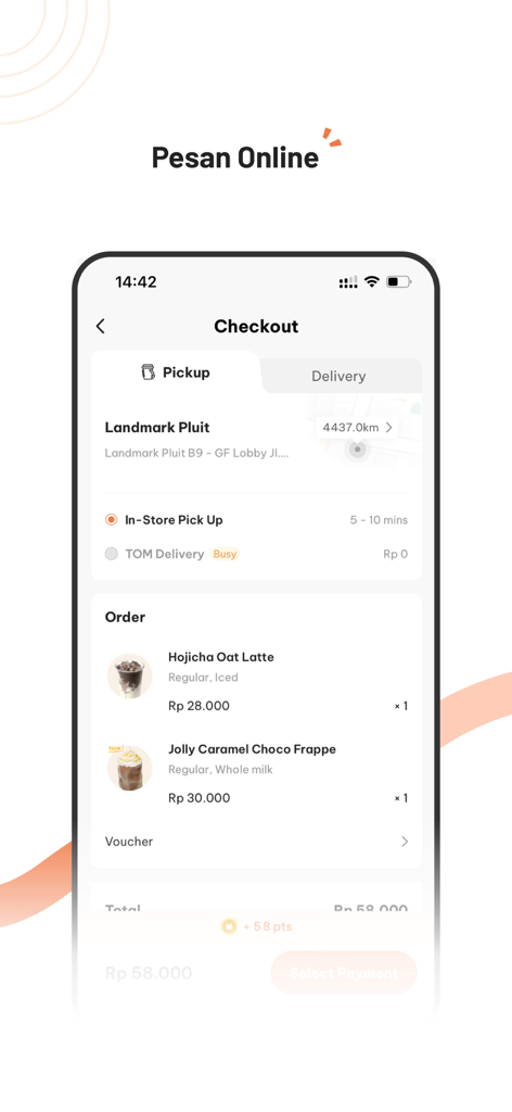 Tomoro Coffeeモバイルアプリのチェックアウトインターフェース。ピックアップ用のドリンク注文が表示されています。
