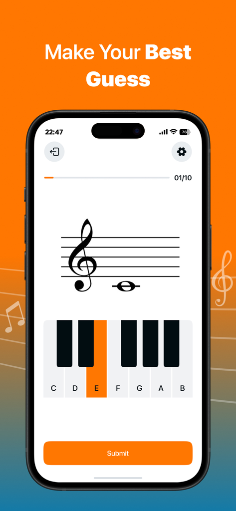 Guess That Note - Guess That Note app interface showing a music note quiz with a treble clef and a virtual piano keyboard