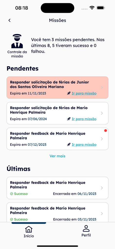 MySpace - MySpace app missions screen showing pending and completed HR tasks for employees