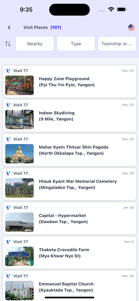 Visit 77 : Travel Platform - A list of diverse local attractions and businesses in Yangon, Myanmar, on the Visit 77 travel app interface.