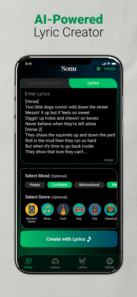 AI Music Song Generator: Sonu - A smartphone showing the Sonu app AI lyric creator interface with mood and genre selection