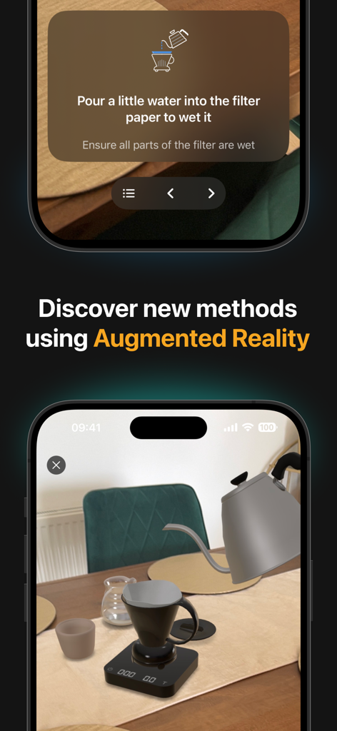 Filtru: Brew the best coffee - A smartphone displaying coffee brewing instructions and an augmented reality view of coffee gear on a kitchen table