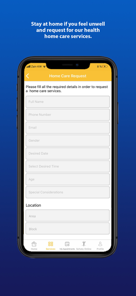 Dar Al Shifa - Dar Al Shifa mobile app screenshot showing a home care request form with fields for patient information and location