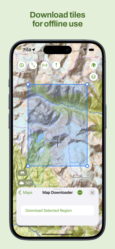 Maptrails - iPhone screenshot showing the Maptrails app interface for selecting and downloading topographic map tiles for offline use