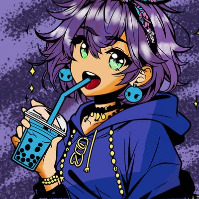 hot baddie anime girl drinking boba and biting the straw