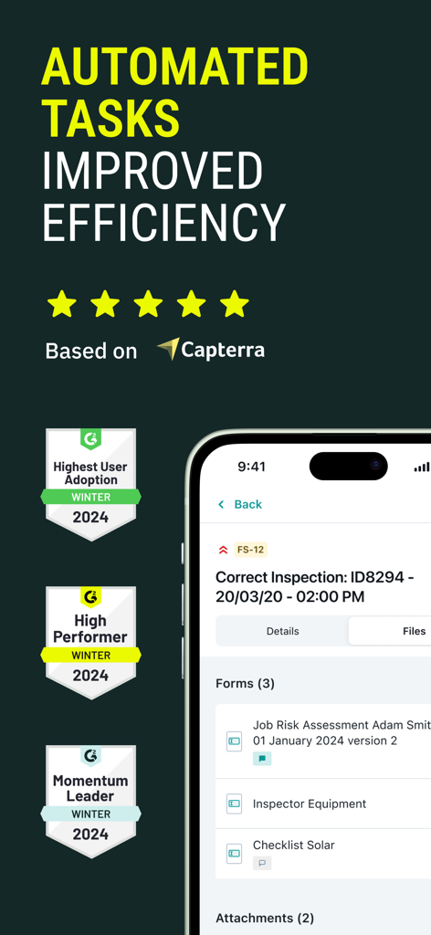 Fluix Tasks mobile app showing automated inspection forms and G2 industry award badges.
