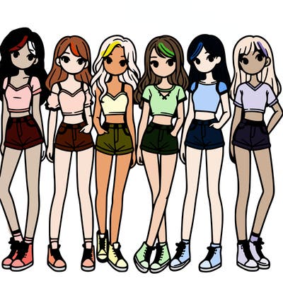 a group of girls wearing crop tops and shorts