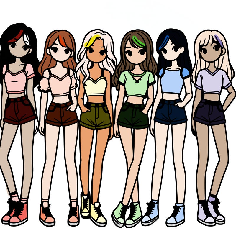 a group of girls wearing crop tops and shorts