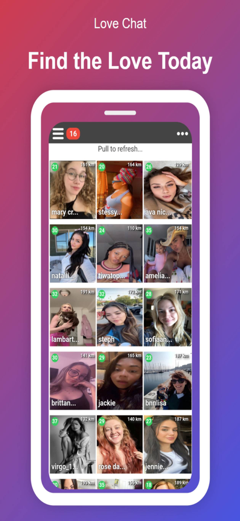 Live Chat: Dating Love App - App-Oberfläche zeigt ein Raster von Profilen zum Treffen von Singles in der Nähe.